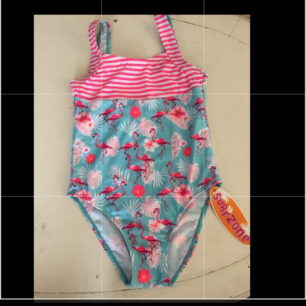 NWT SurfZone Girl’s swimsuit one piece pink and blue flamingos stripes 7/8